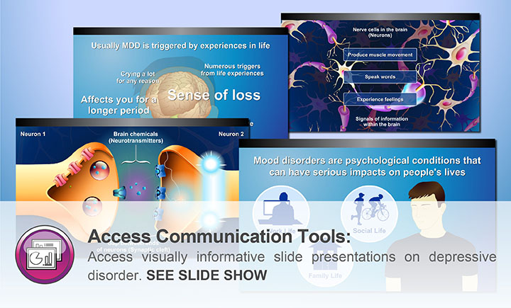 Access Communication Tools: Access visually informative slide presentations on depressive disorder. SEE SLIDE SHOW